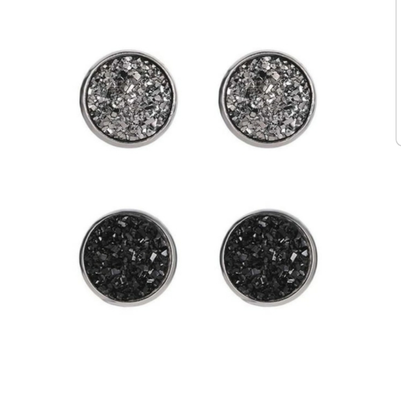 2 Pair Black/Silver Faux Druzy Stud Earrings - Picture 1 of 5